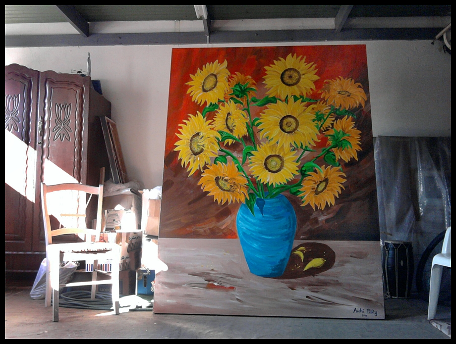 sunflower painting commission in artist studio