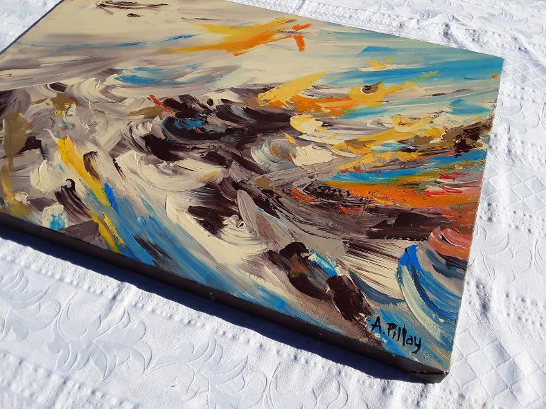 Original abstract painting featuring textured waves in blue, yellow, and orange by artist Andre Pillay.