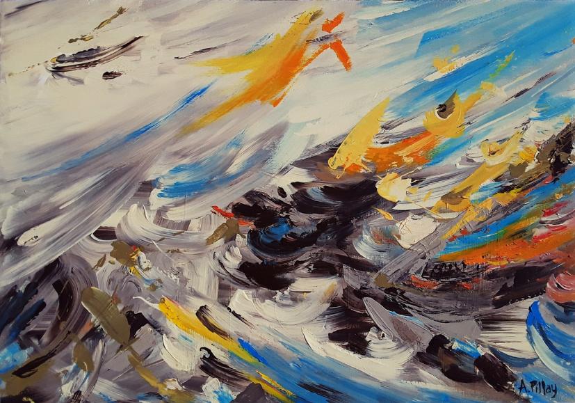 Abstract painting with dynamic blue, orange, yellow, and black impasto brushstrokes suggesting a stormy sea or crashing waves.