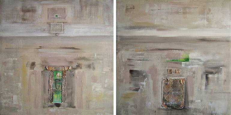 Relic 1 and 2 Diptych – abstract painting on canvas in muted earth tones with green accents, featuring two textured panels with central relic-like forms.