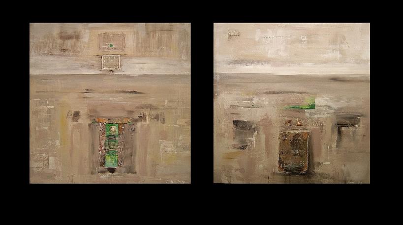 relic 1 and 2 abstract paintings on canvas. Heavy paint texture elements in the art piece.